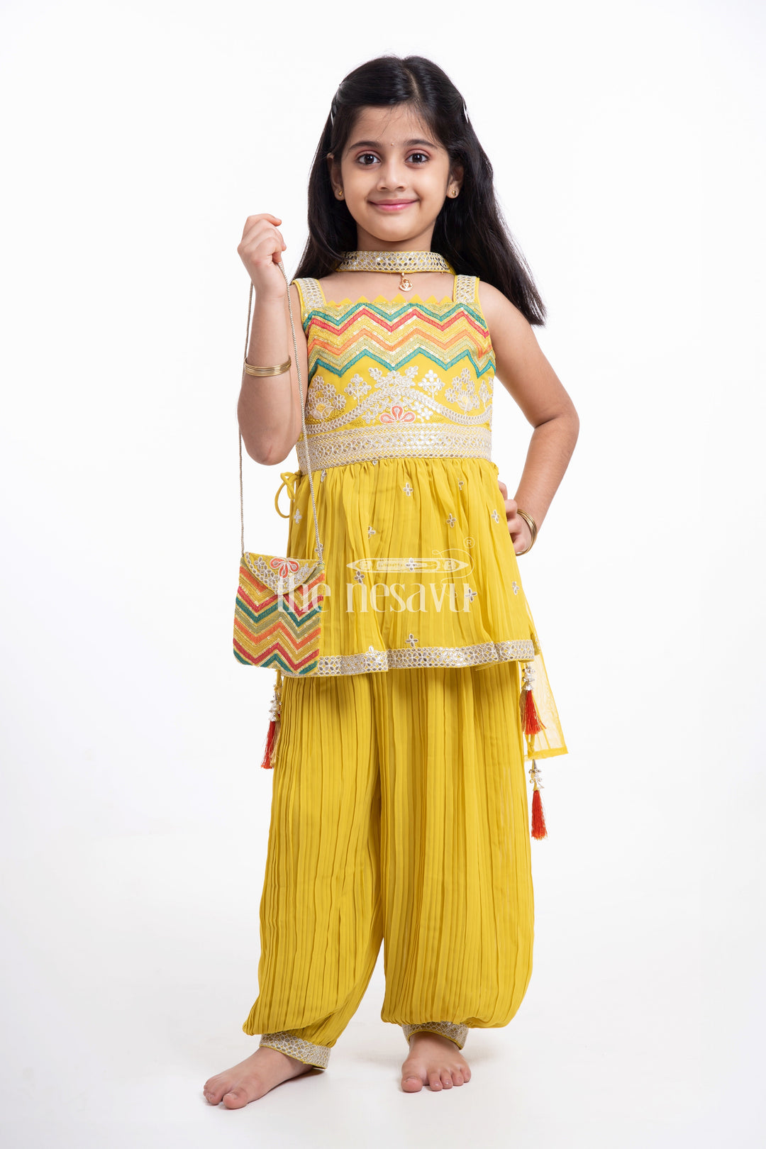 The Nesavu Girls Sharara / Plazo Set Charming Festive Clothes for Girls - Vibrant Peplum Set with Embroidery Nesavu 18 (2Y) / Mustard GPS331A-18 Charming Festive Clothes for Girls - Nesavu | Vibrant Peplum Set