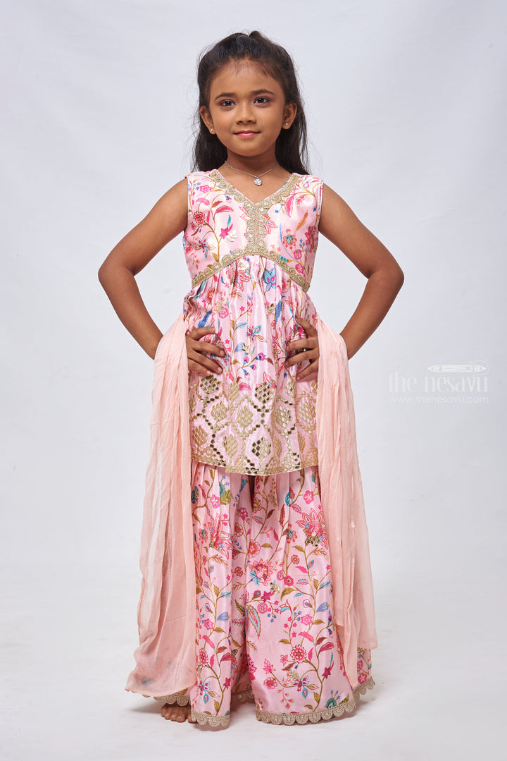 The Nesavu Girls Sharara / Plazo Set Charming Floral & Mirror Embroidered Pink Kurti & Gharara Combo for Girls. Nesavu 18 (2Y) / Pink / Georgette GPS188A-18 Vibrant and Traditional: Girls Kurti and Gharara Set | Ethnic Collection | The Nesavu