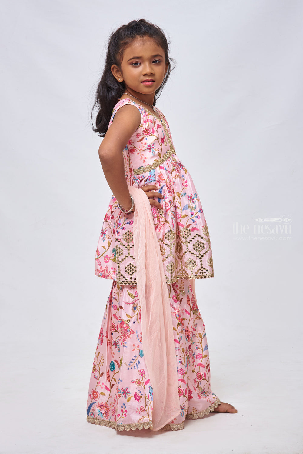 The Nesavu Girls Sharara / Plazo Set Charming Floral & Mirror Embroidered Pink Kurti & Gharara Combo for Girls. Nesavu Vibrant and Traditional: Girls Kurti and Gharara Set | Ethnic Collection | The Nesavu