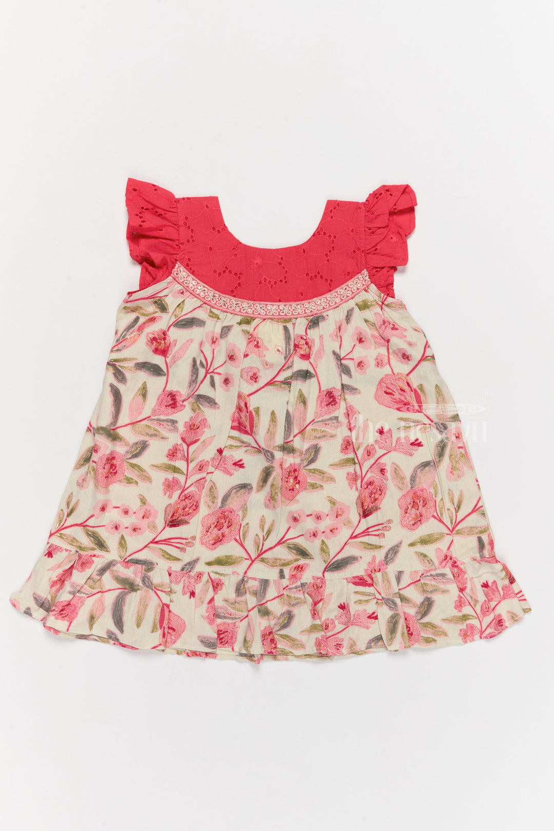 The Nesavu Girls Cotton Frock Charming Girls Cotton Lined Dress with Floral Print and Elegant Lace Detailing Nesavu Girls Cotton Lined Dress Pink Floral Print Ruffled Hemline Lace Accents | The Nesavu