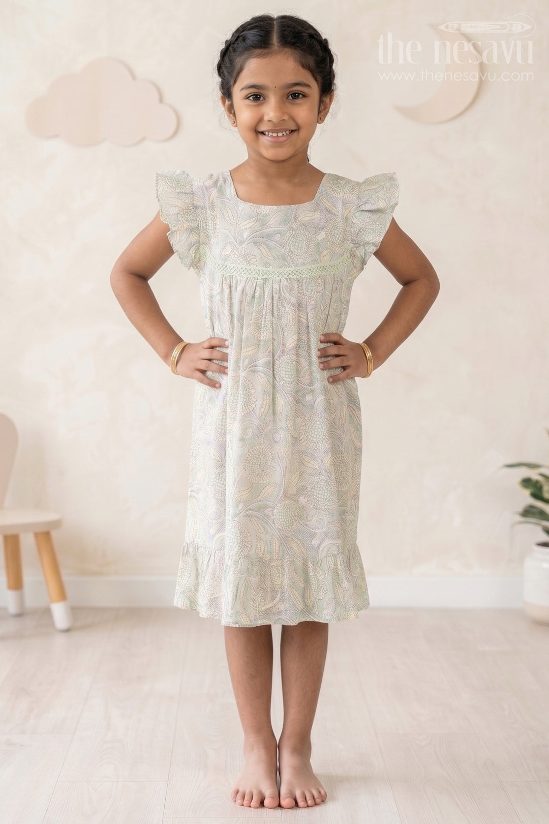 The Nesavu Girls Cotton Frock Charming Girls Ethnic Cotton Dress with Traditional Floral Print and Delicate Lace Nesavu 16 (1Y) / Green GFC1549C-16 Girls Ethnic Cotton Dress Traditional Floral Print Lace Accents Ruffle Details | The Nesavu