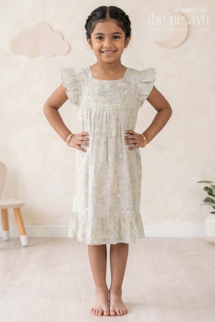 The Nesavu Girls Cotton Frock Charming Girls Ethnic Cotton Dress with Traditional Floral Print and Delicate Lace Nesavu 16 (1Y) / Green GFC1549C-16 Girls Ethnic Cotton Dress Traditional Floral Print Lace Accents Ruffle Details | The Nesavu