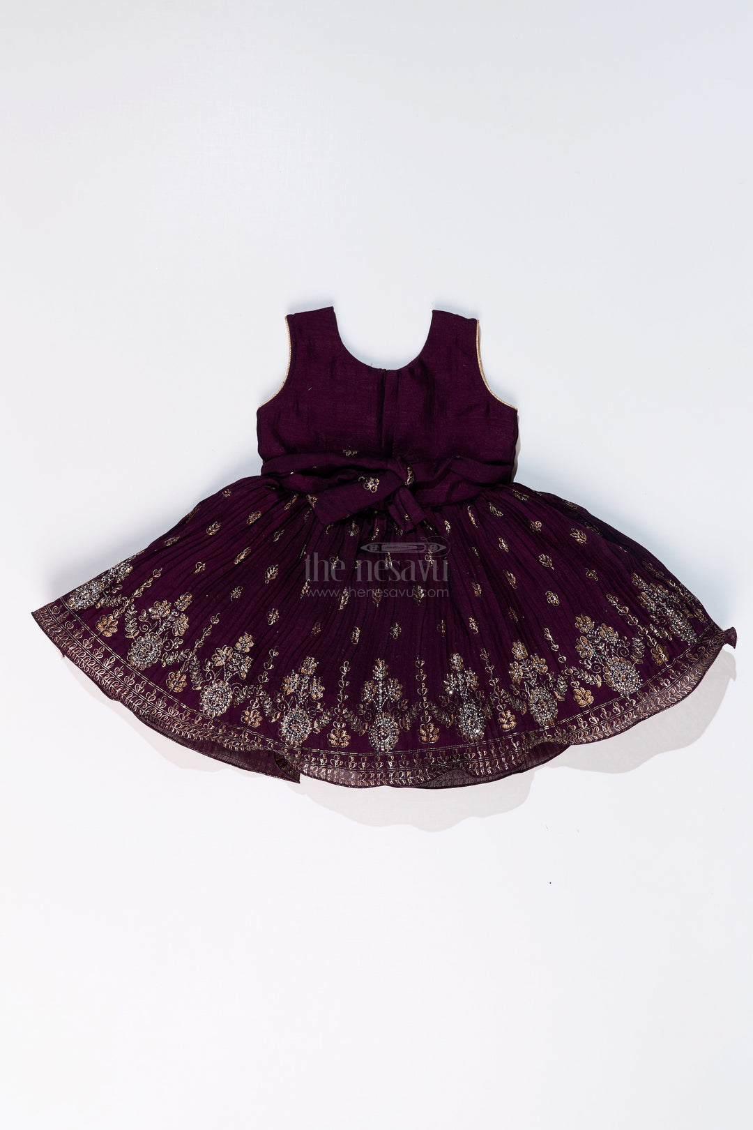 The Nesavu Silk Frock Charming Girls Purple Silk Dress with Gold Foil Prints and Elegant Embroidery Nesavu Girls Purple Silk Dress Gold Foil Prints Embroidered Bodice Festive Wear | The Nesavu