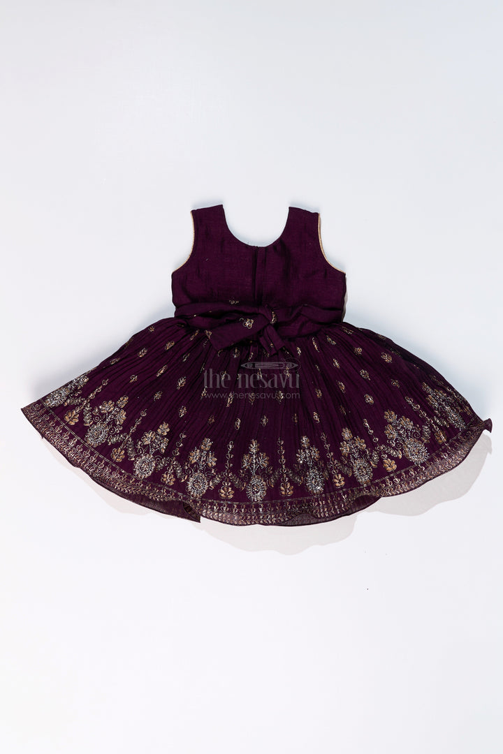 The Nesavu Silk Frock Charming Girls Purple Silk Dress with Gold Foil Prints and Elegant Embroidery Nesavu Girls Purple Silk Dress Gold Foil Prints Embroidered Bodice Festive Wear | The Nesavu