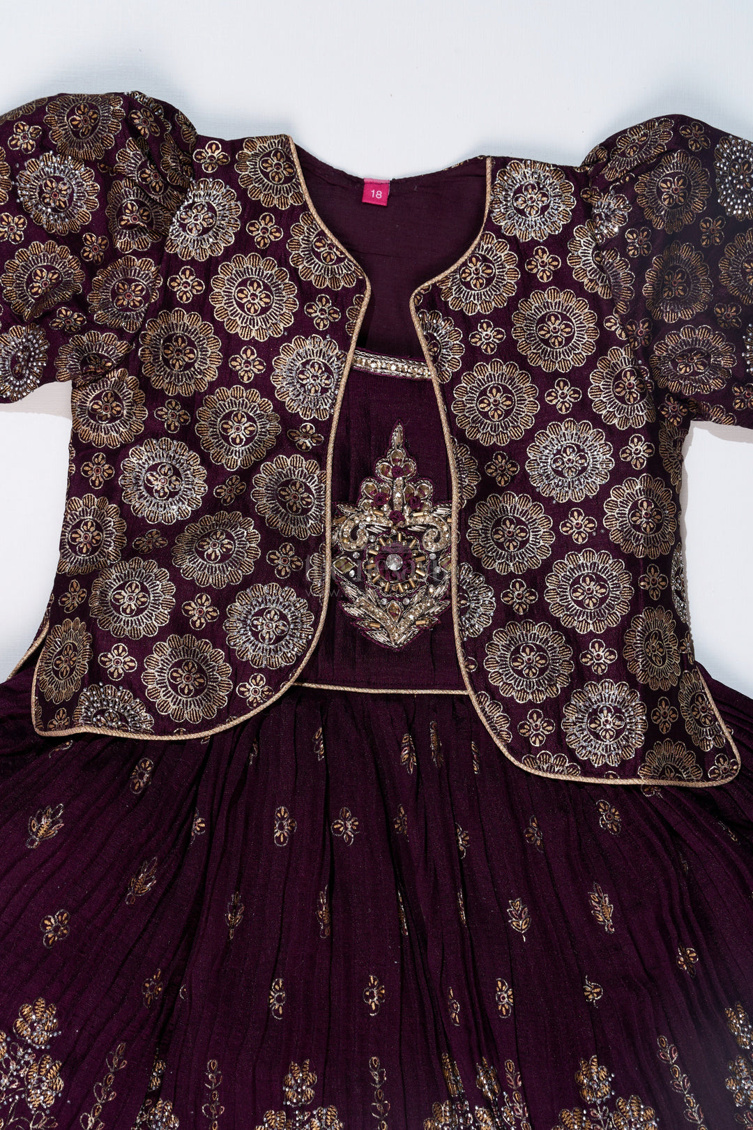The Nesavu Silk Frock Charming Girls Purple Silk Dress with Gold Foil Prints and Elegant Embroidery Nesavu Girls Purple Silk Dress Gold Foil Prints Embroidered Bodice Festive Wear | The Nesavu