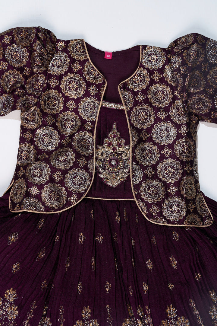 The Nesavu Silk Frock Charming Girls Purple Silk Dress with Gold Foil Prints and Elegant Embroidery Nesavu Girls Purple Silk Dress Gold Foil Prints Embroidered Bodice Festive Wear | The Nesavu