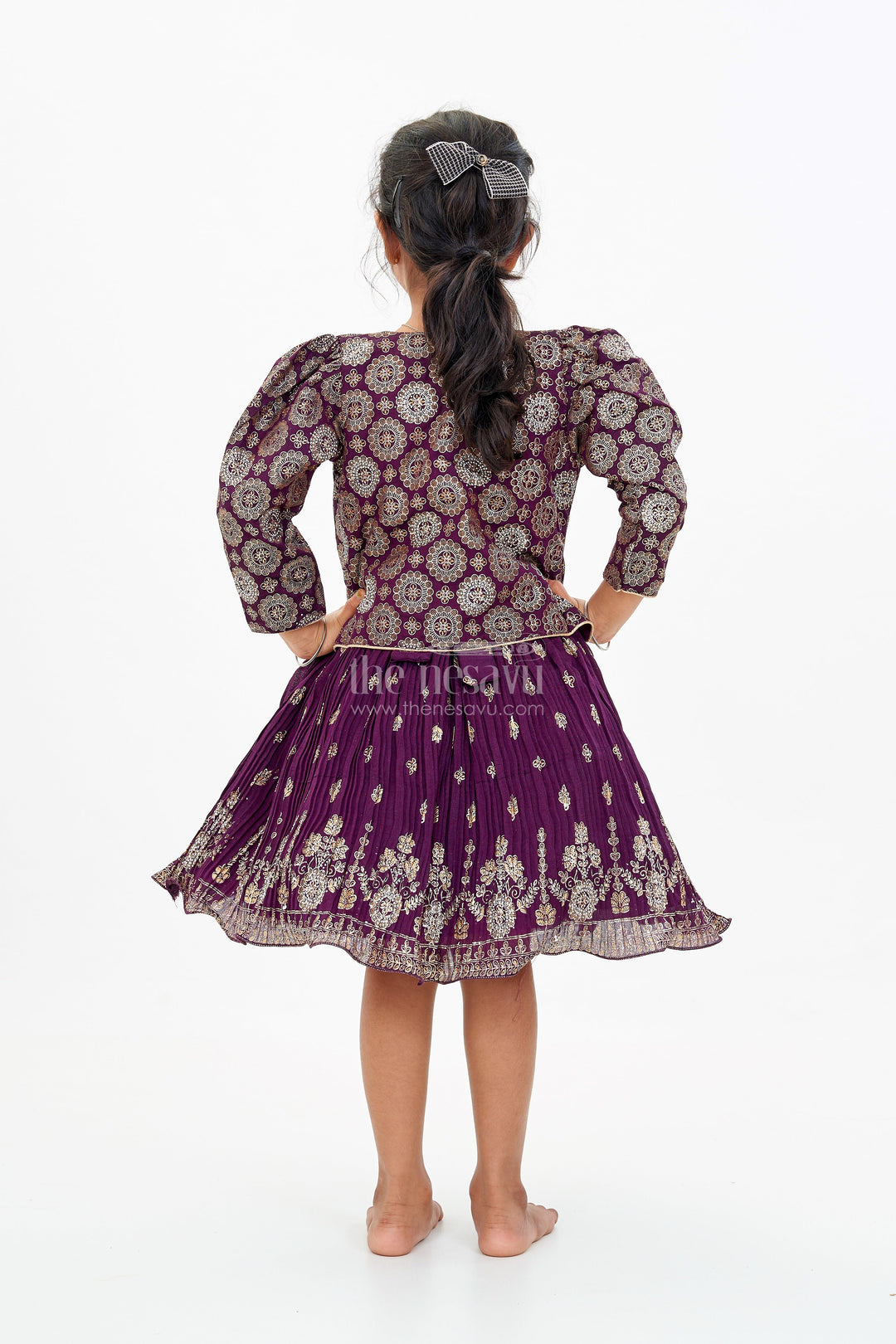 The Nesavu Silk Frock Charming Girls Purple Silk Dress with Gold Foil Prints and Elegant Embroidery Nesavu Girls Purple Silk Dress Gold Foil Prints Embroidered Bodice Festive Wear | The Nesavu