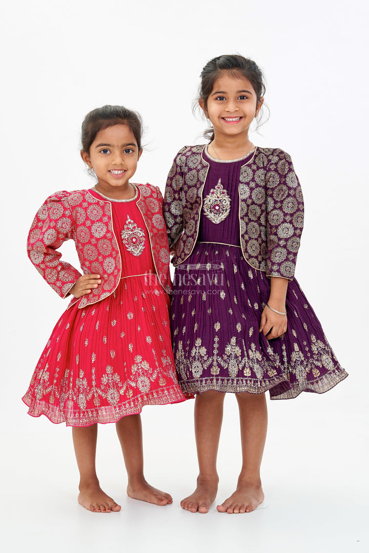 The Nesavu Silk Frock Charming Girls Purple Silk Dress with Gold Foil Prints and Elegant Embroidery Nesavu Girls Purple Silk Dress Gold Foil Prints Embroidered Bodice Festive Wear | The Nesavu