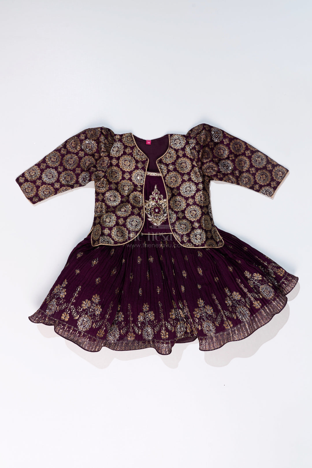 The Nesavu Silk Frock Charming Girls Purple Silk Dress with Gold Foil Prints and Elegant Embroidery Nesavu Nesavu Girls Purple Silk Dress Gold Foil Prints Embroidered Bodice Festive Wear