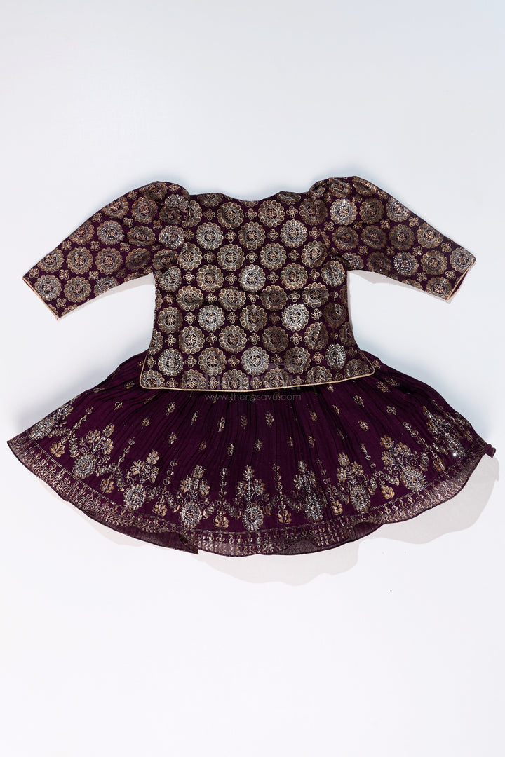 The Nesavu Silk Frock Charming Girls Purple Silk Dress with Gold Foil Prints and Elegant Embroidery Nesavu Nesavu Girls Purple Silk Dress Gold Foil Prints Embroidered Bodice Festive Wear