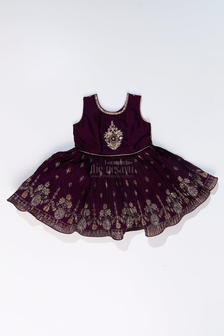 The Nesavu Silk Frock Charming Girls Purple Silk Dress with Gold Foil Prints and Elegant Embroidery Nesavu Nesavu Girls Purple Silk Dress Gold Foil Prints Embroidered Bodice Festive Wear