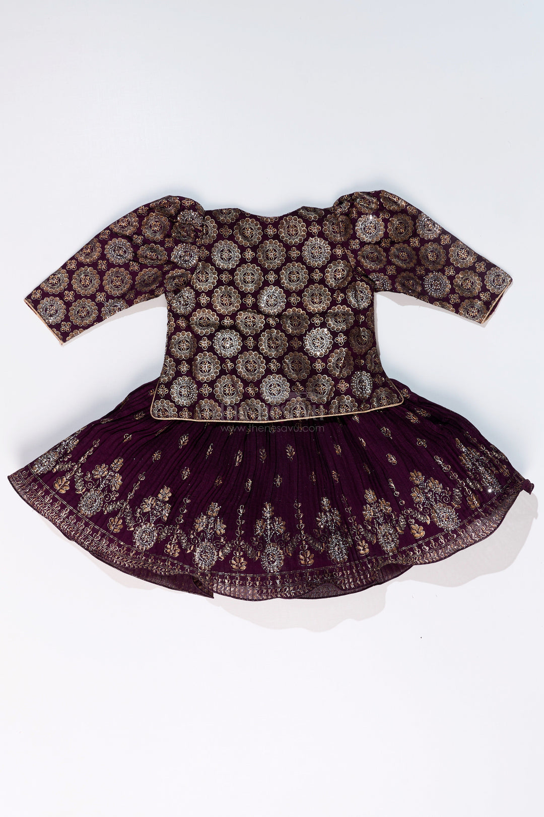 The Nesavu Silk Frock Charming Girls Purple Silk Dress with Gold Foil Prints and Elegant Embroidery Nesavu Nesavu Girls Purple Silk Dress Gold Foil Prints Embroidered Bodice Festive Wear