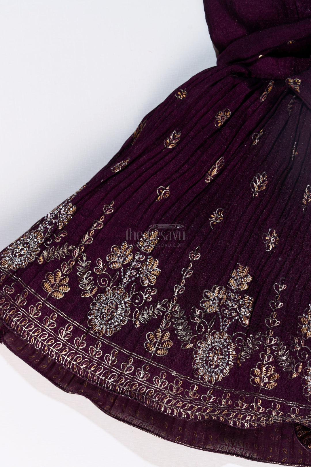 The Nesavu Silk Frock Charming Girls Purple Silk Dress with Gold Foil Prints and Elegant Embroidery Nesavu Nesavu Girls Purple Silk Dress Gold Foil Prints Embroidered Bodice Festive Wear