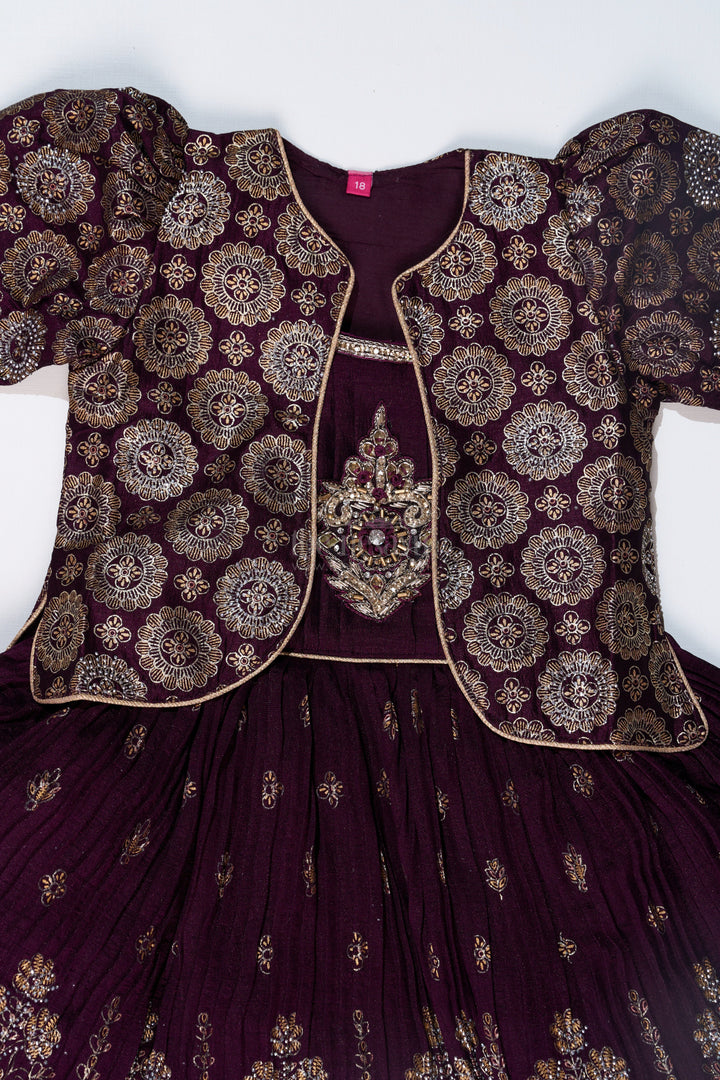 The Nesavu Silk Frock Charming Girls Purple Silk Dress with Gold Foil Prints and Elegant Embroidery Nesavu Nesavu Girls Purple Silk Dress Gold Foil Prints Embroidered Bodice Festive Wear