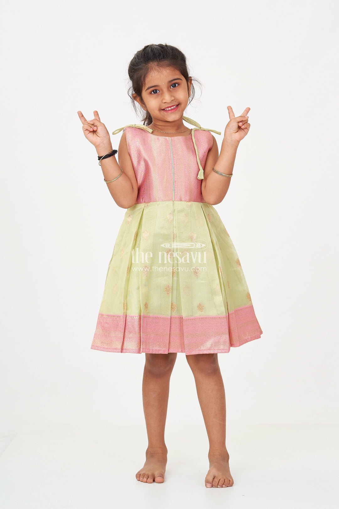 The Nesavu Silk Frock Charming Girls Simple Silk Frock in Gold Tissue Banarasi Jacquard with Dual-Tone Design Nesavu 16 (1Y) / Green SF981A-16 Girls Simple Silk Frock Banarasi Jacquard Dual-Tone Elegance | The Nesavu