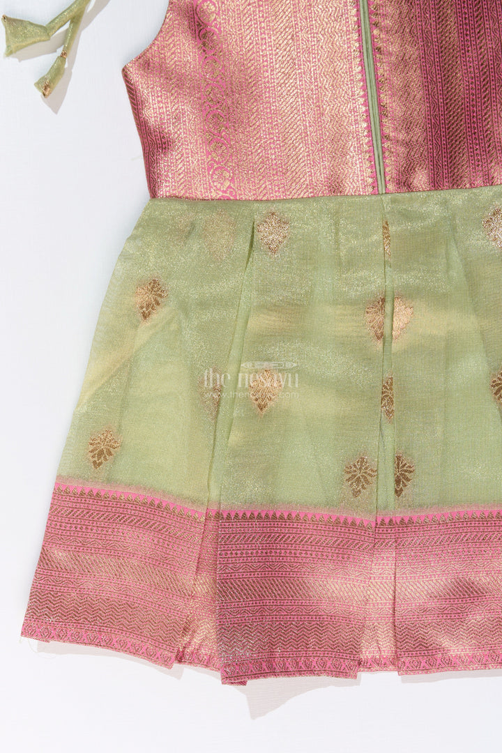 The Nesavu Silk Frock Charming Girls Simple Silk Frock in Gold Tissue Banarasi Jacquard with Dual-Tone Design Nesavu Girls Simple Silk Frock Banarasi Jacquard Dual-Tone Elegance | The Nesavu