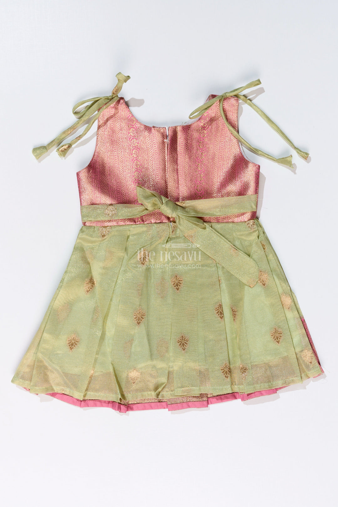 The Nesavu Silk Frock Charming Girls Simple Silk Frock in Gold Tissue Banarasi Jacquard with Dual-Tone Design Nesavu Girls Simple Silk Frock Banarasi Jacquard Dual-Tone Elegance | The Nesavu