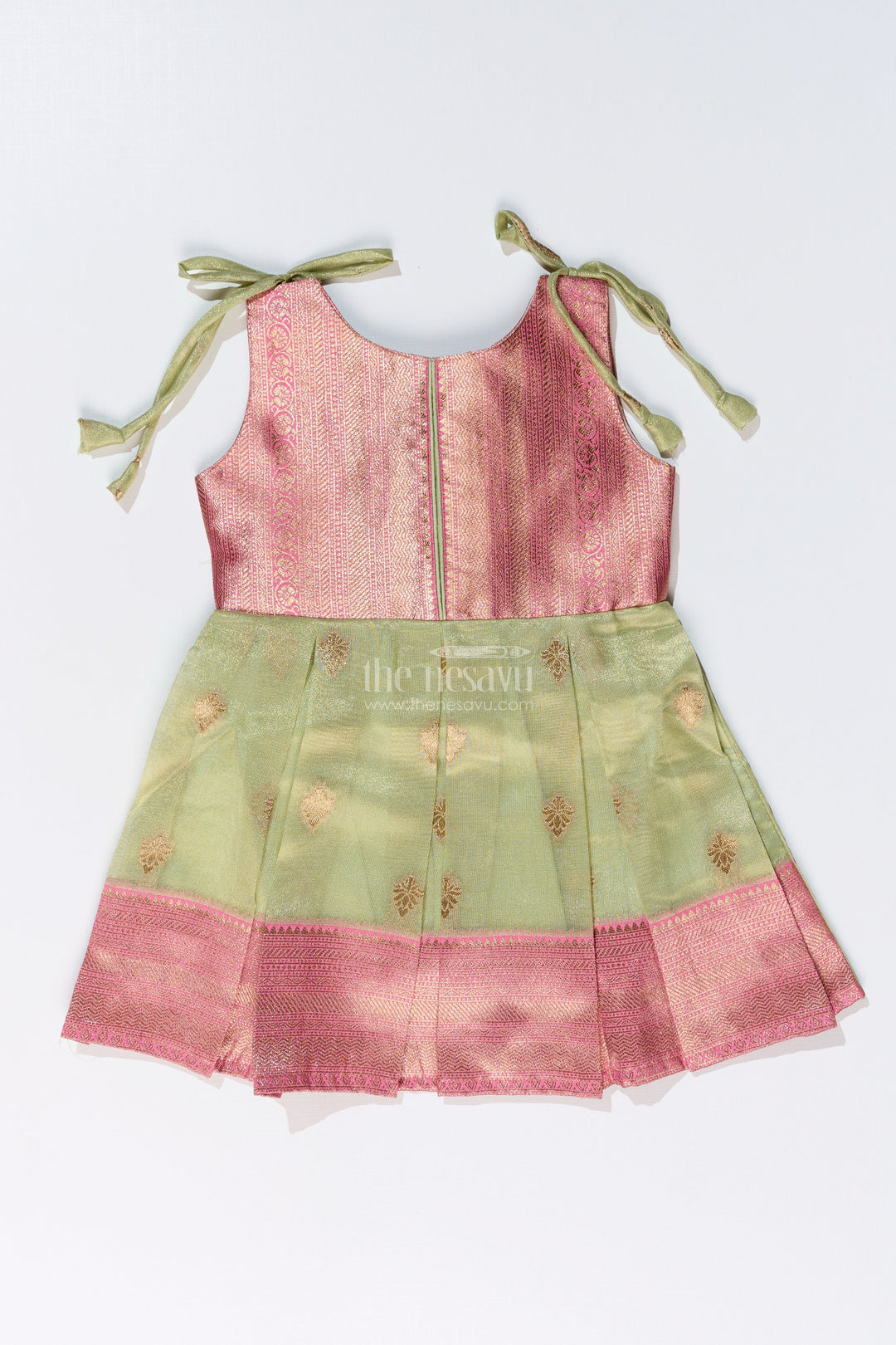 The Nesavu Silk Frock Charming Girls Simple Silk Frock in Gold Tissue Banarasi Jacquard with Dual-Tone Design Nesavu Girls Simple Silk Frock Banarasi Jacquard Dual-Tone Elegance | The Nesavu