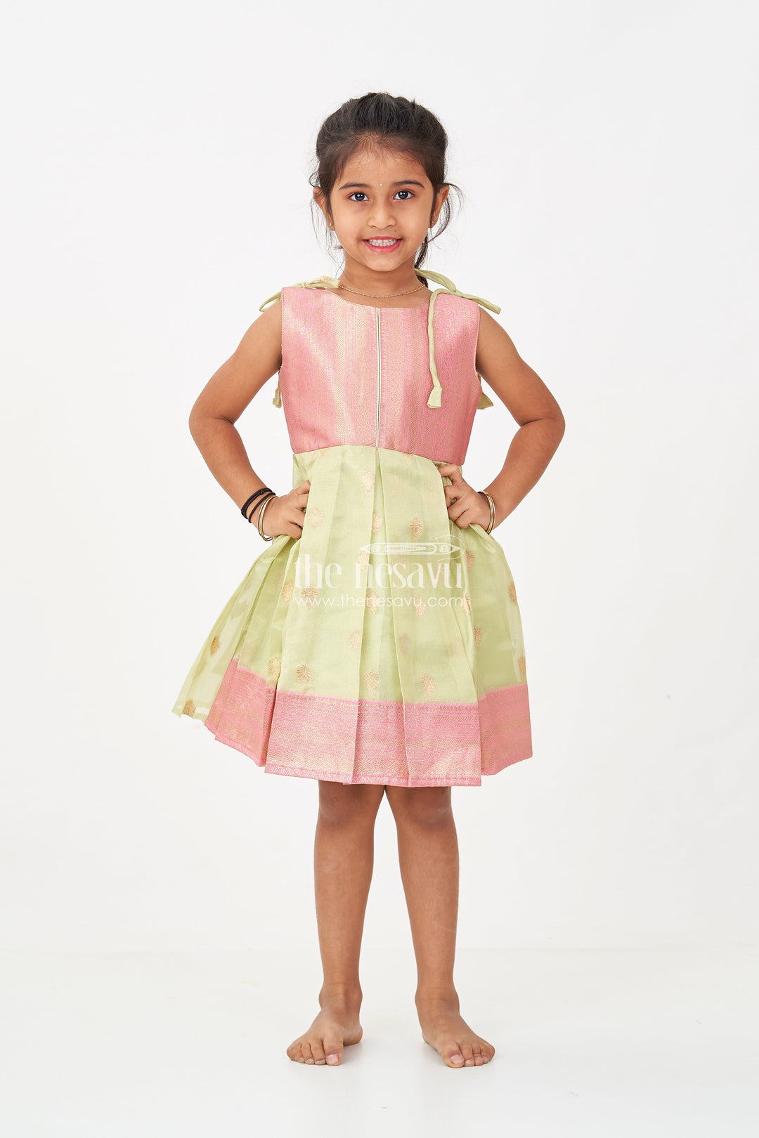 The Nesavu Silk Frock Charming Girls Simple Silk Frock in Gold Tissue Banarasi Jacquard with Dual-Tone Design Nesavu Girls Simple Silk Frock Banarasi Jacquard Dual-Tone Elegance | The Nesavu