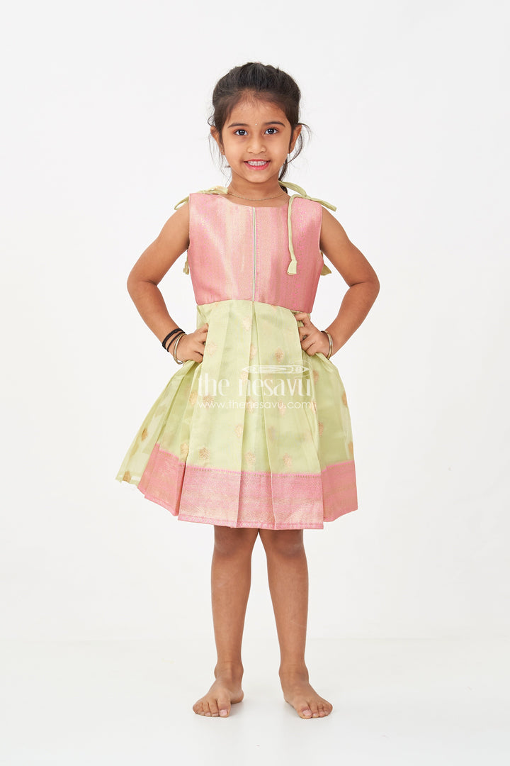 The Nesavu Silk Frock Charming Girls Simple Silk Frock in Gold Tissue Banarasi Jacquard with Dual-Tone Design Nesavu Girls Simple Silk Frock Banarasi Jacquard Dual-Tone Elegance | The Nesavu