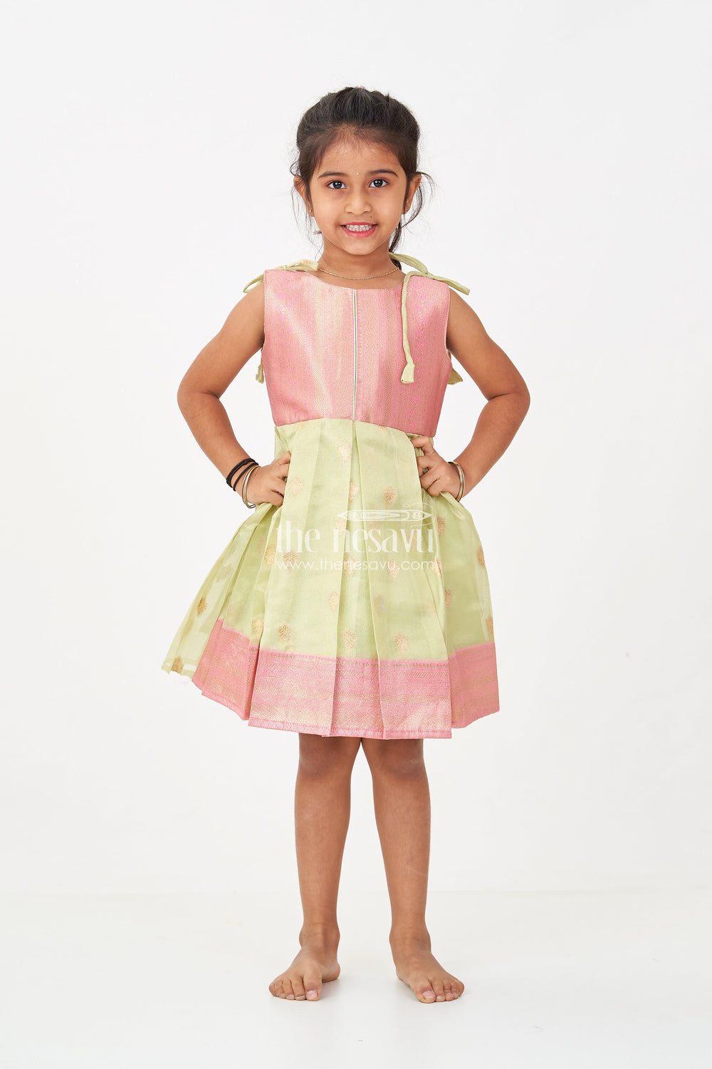 The Nesavu Silk Frock Charming Girls Simple Silk Frock in Gold Tissue Banarasi Jacquard with Dual-Tone Design Nesavu Nesavu Girls Simple Silk Frock Banarasi Jacquard Dual-Tone Elegance