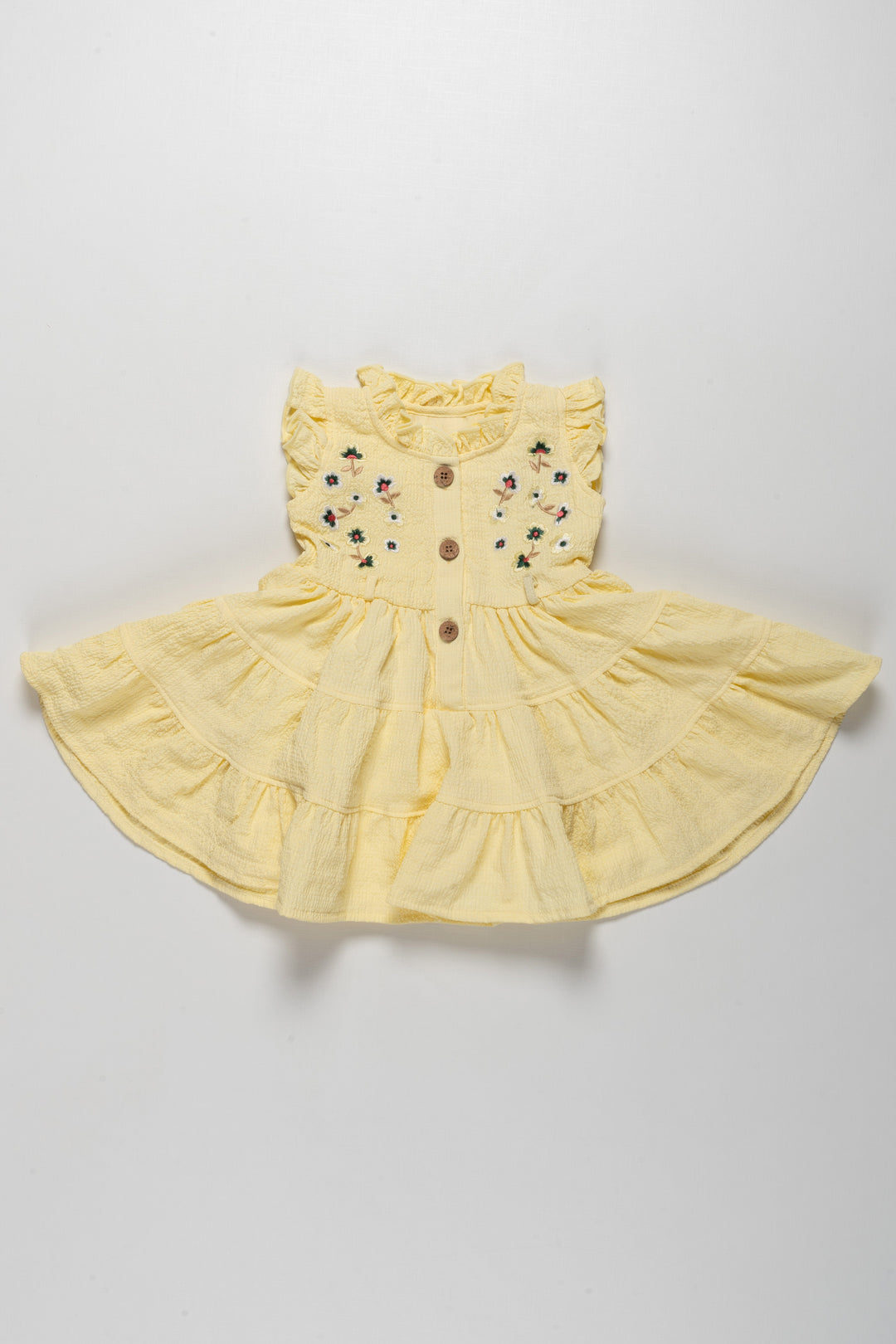 The Nesavu Girls Cotton Frock Charming Girls Yellow Ruffle Cotton Frock with Floral Embroidery Nesavu 16 (1Y) / Yellow / Cotton GFC1328A-16 Charming Girls Yellow Ruffle Cotton Frock with Floral Embroidery | The Nesavu