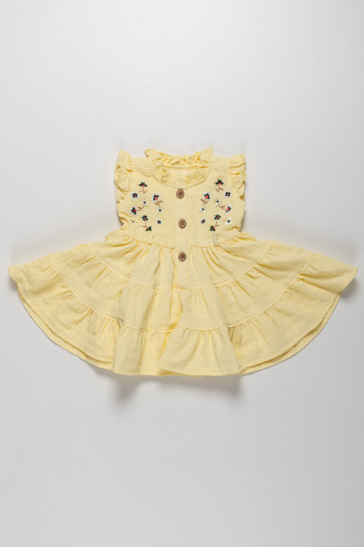 The Nesavu Girls Cotton Frock Charming Girls Yellow Ruffle Cotton Frock with Floral Embroidery Nesavu 16 (1Y) / Yellow / Cotton GFC1328A-16 Charming Girls Yellow Ruffle Cotton Frock with Floral Embroidery | The Nesavu