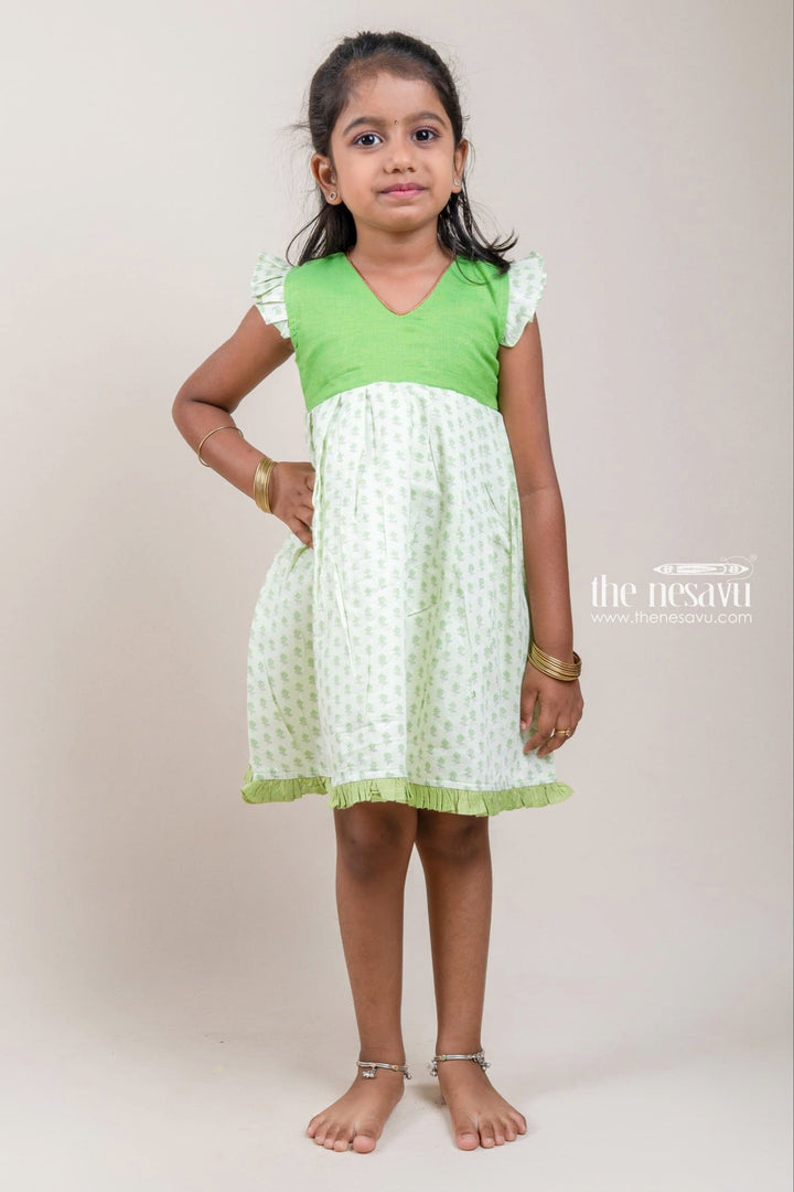 The Nesavu Girls Cotton Frock Charming Green Yoke And Small Butti Floral Printed Cotton Frock For Girls Nesavu Gorgeous Floral Printed Cotton Frock For Girls | The Nesavu