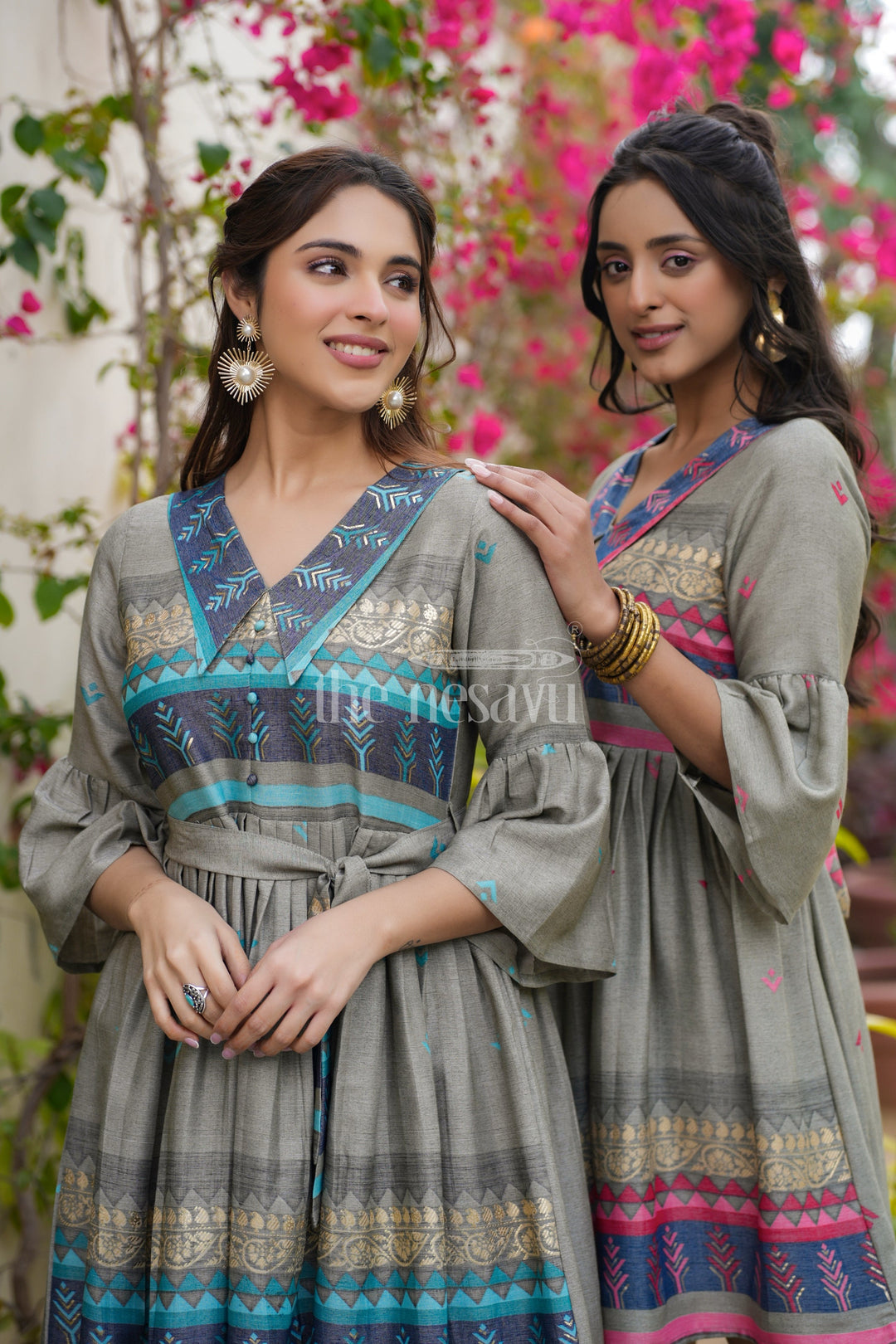 The Nesavu Womens Flared Kurthas Charming Grey Christmas Outfits for Ladies with Pink Accents and Flared Silhouette Nesavu Grey Georgette Christmas Outfits Ladies Pink Embroidery Bell Sleeves | The Nesavu