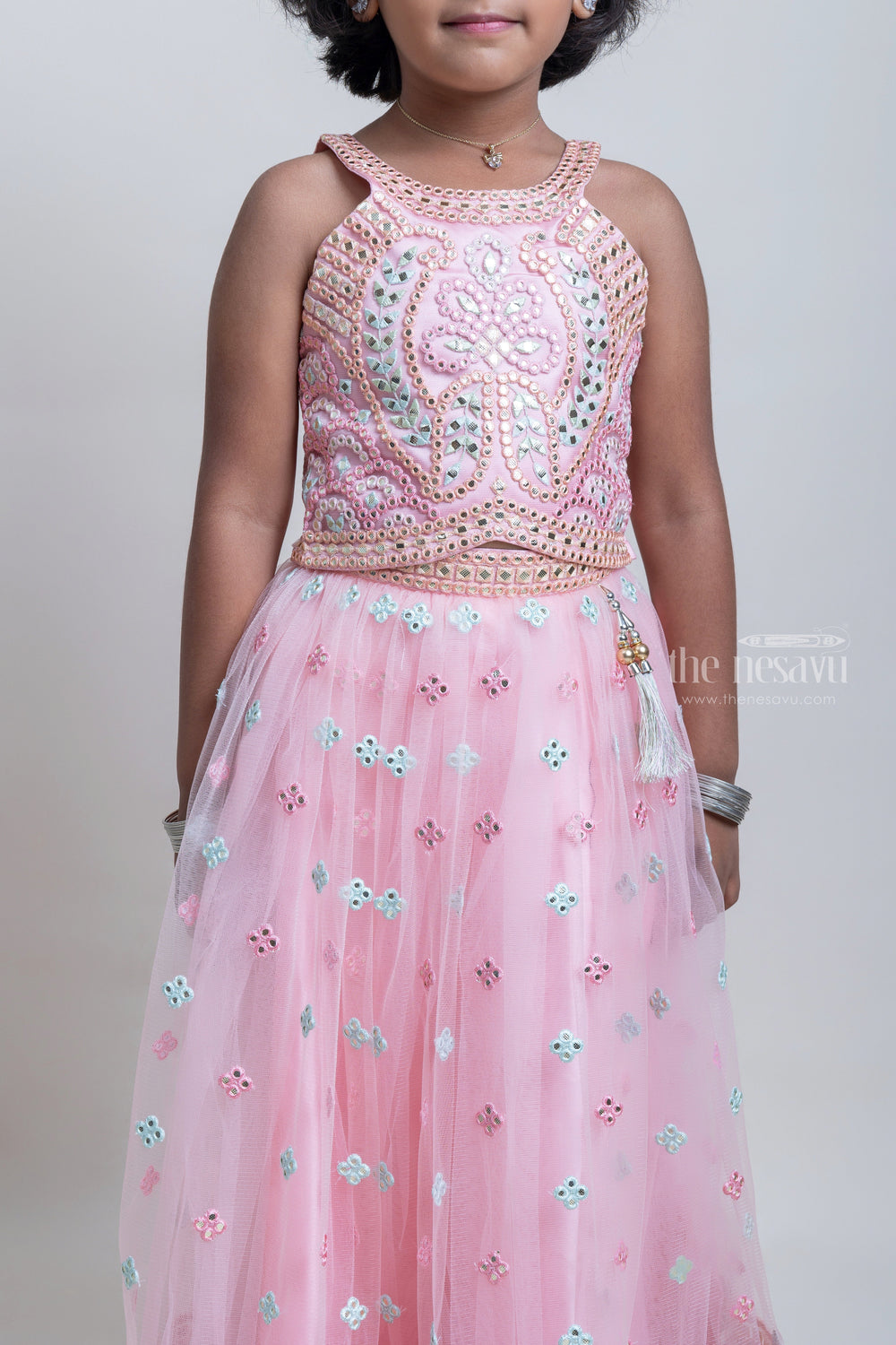 The Nesavu Girls Lehenga Choli Charming Lite Pink Mirror Embroidery Choli With Gorgeous Lehenga For Girls Nesavu Festive Wear For Girls | Latest Lehanga Collection | The Nesavu