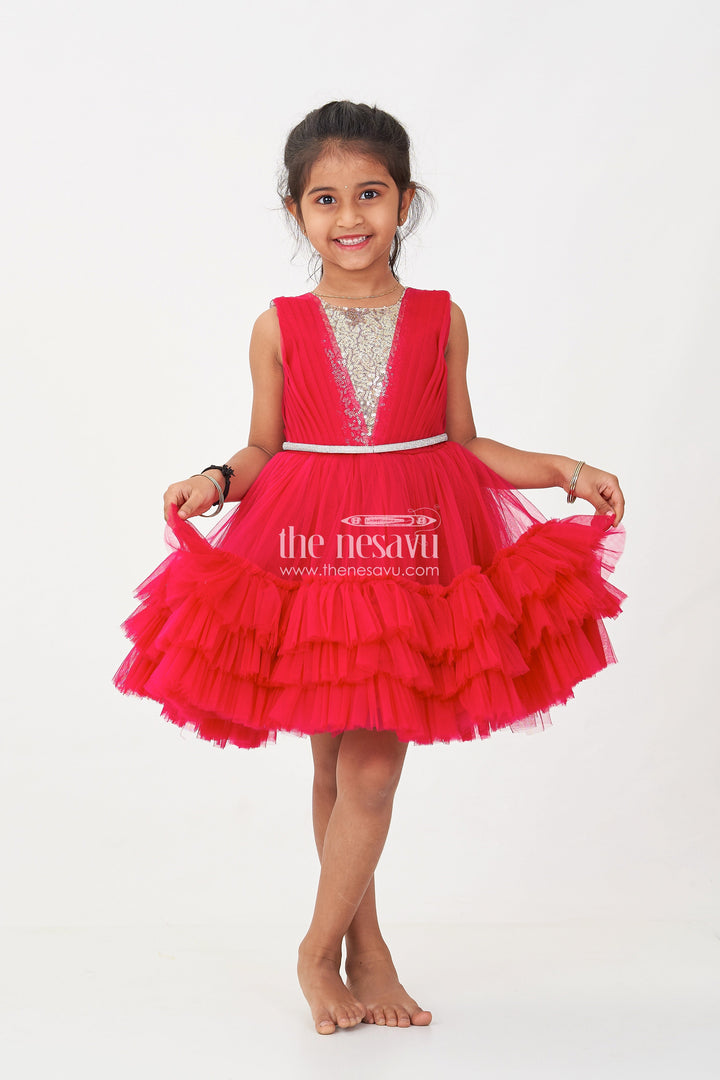 The Nesavu Girls Fancy Party Frock Charming Maroon Red Net Party Dress for Girls with Embellished Waist Nesavu 16 (1Y) / Maroon PF196A-16 Nesavu Charming Maroon Red Net Party Dress Girls Embellished Waist
