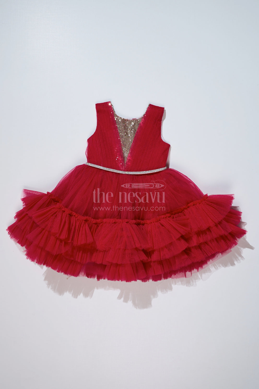 The Nesavu Girls Fancy Party Frock Charming Maroon Red Net Party Dress for Girls with Embellished Waist Nesavu Charming Maroon Red Net Party Dress Girls Embellished Waist | The Nesavu