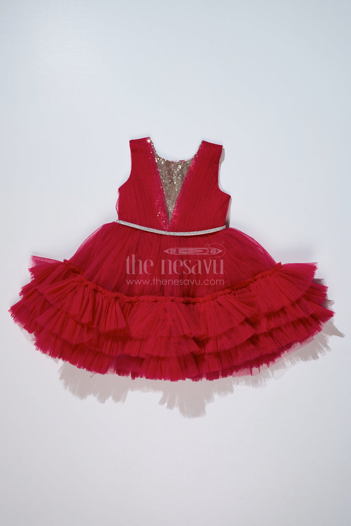 The Nesavu Girls Fancy Party Frock Charming Maroon Red Net Party Dress for Girls with Embellished Waist Nesavu Charming Maroon Red Net Party Dress Girls Embellished Waist | The Nesavu