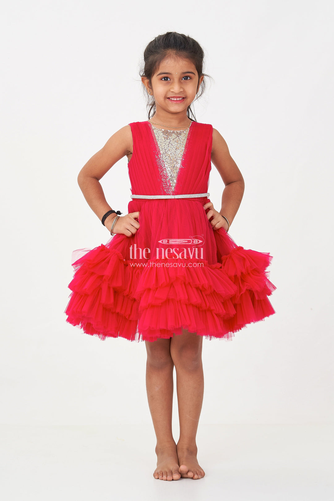 The Nesavu Girls Fancy Party Frock Charming Maroon Red Net Party Dress for Girls with Embellished Waist Nesavu Charming Maroon Red Net Party Dress Girls Embellished Waist | The Nesavu