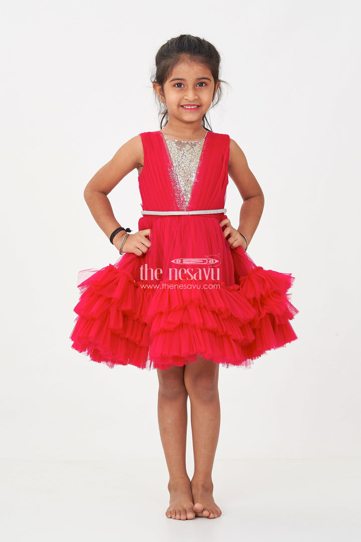 The Nesavu Girls Fancy Party Frock Charming Maroon Red Net Party Dress for Girls with Embellished Waist Nesavu Charming Maroon Red Net Party Dress Girls Embellished Waist | The Nesavu