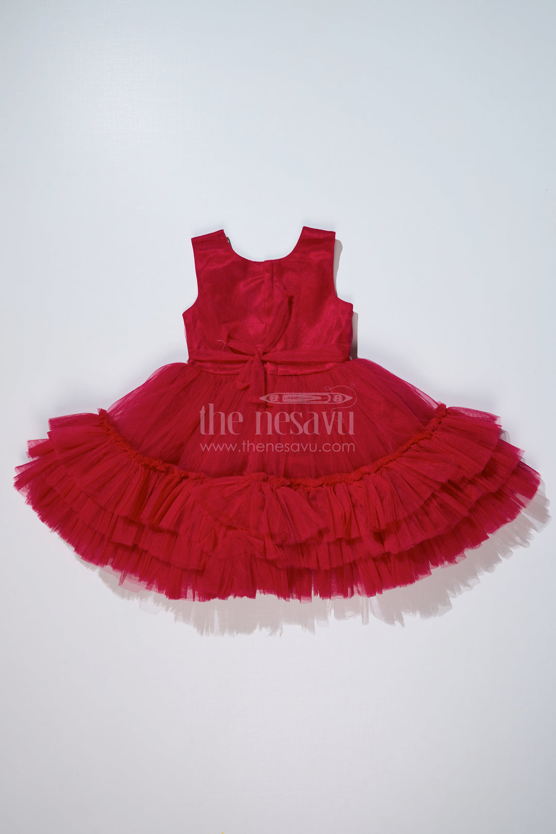 The Nesavu Girls Fancy Party Frock Charming Maroon Red Net Party Dress for Girls with Embellished Waist Nesavu Nesavu Charming Maroon Red Net Party Dress Girls Embellished Waist