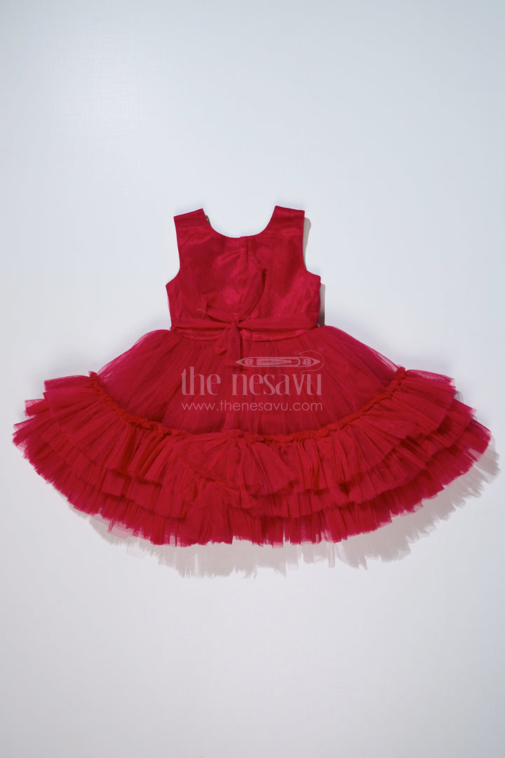The Nesavu Girls Fancy Party Frock Charming Maroon Red Net Party Dress for Girls with Embellished Waist Nesavu Nesavu Charming Maroon Red Net Party Dress Girls Embellished Waist