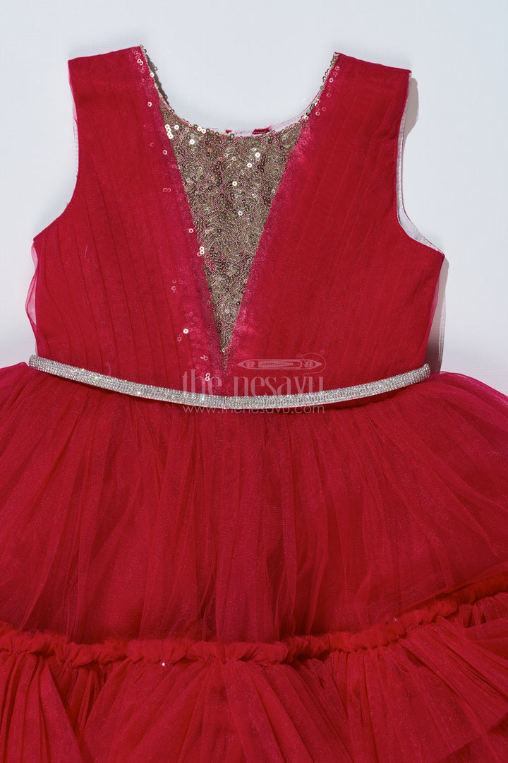 The Nesavu Girls Fancy Party Frock Charming Maroon Red Net Party Dress for Girls with Embellished Waist Nesavu Nesavu Charming Maroon Red Net Party Dress Girls Embellished Waist