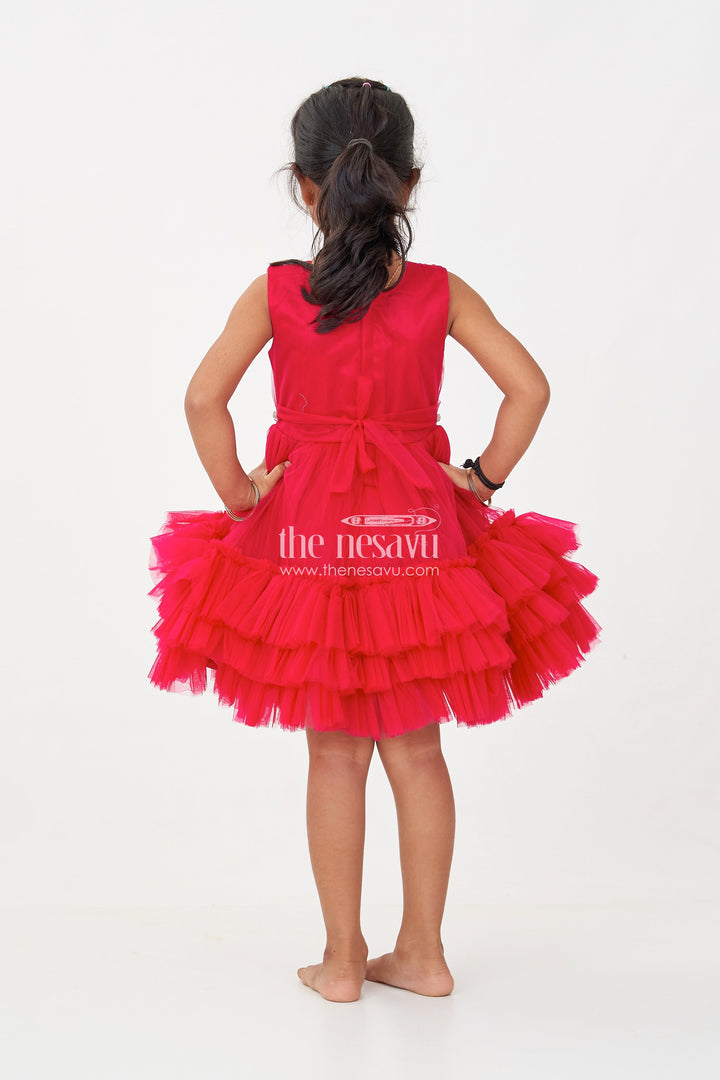 The Nesavu Girls Fancy Party Frock Charming Maroon Red Net Party Dress for Girls with Embellished Waist Nesavu Nesavu Charming Maroon Red Net Party Dress Girls Embellished Waist