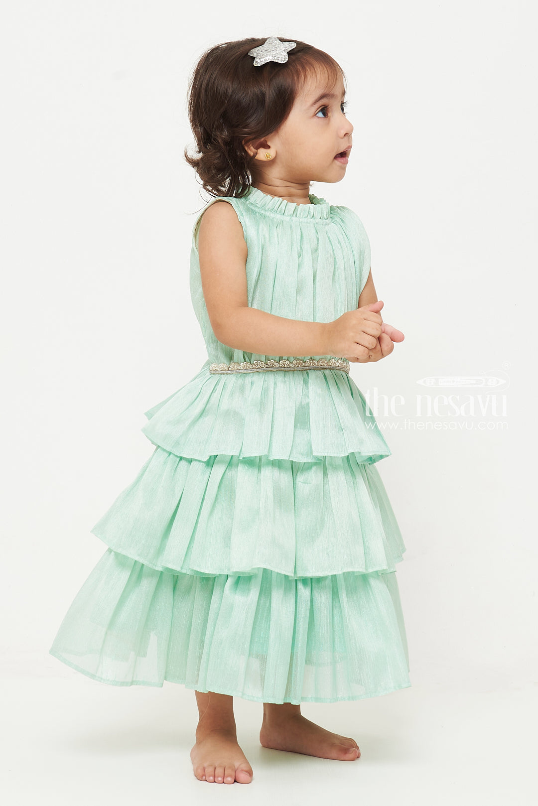 The Nesavu Girls Fancy Frock Charming Mint Green Tiered Baby Dress Nesavu Mint Green Tiered Baby Dress | Cute Baby Apparel