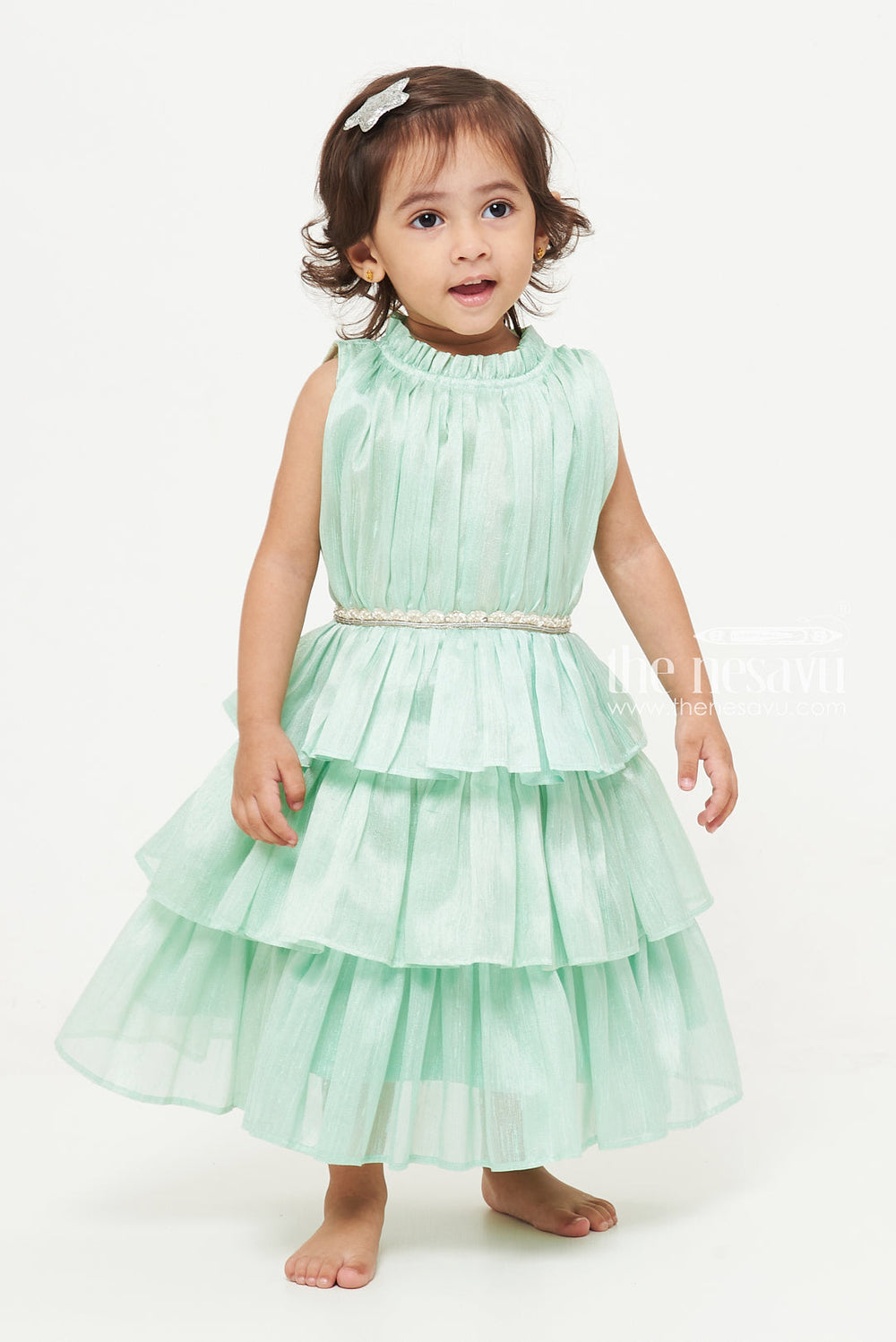 The Nesavu Girls Fancy Frock Charming Mint Green Tiered Baby Dress Nesavu Mint Green Tiered Baby Dress | Cute Baby Apparel