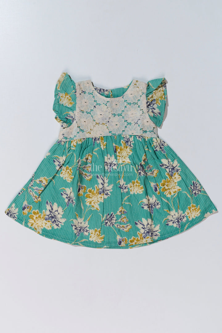The Nesavu Baby Cotton Frocks Charming Modern Half Frock for Baby Girls with Lace Bodice and Floral Printed Skirt Nesavu 10 (NB) / Green BFJ730A-10 Charming Modern Half Frock Baby Girls Lace Bodice Floral Printed Skirt | The Nesavu