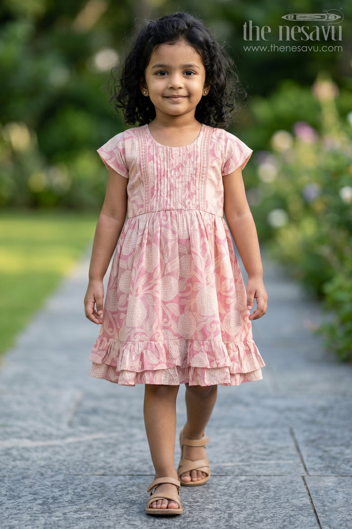 The Nesavu Girls Cotton Frock Charming Pink Cotton Girls Frock with Floral Patterns and Ruffled Sleeves for Everyday Wear Nesavu 16 (1Y) / Pink GFC1594B-16 Charming Pink Cotton Girls Frock Floral Patterns Ruffled Sleeves Everyday Wear | The Nesavu