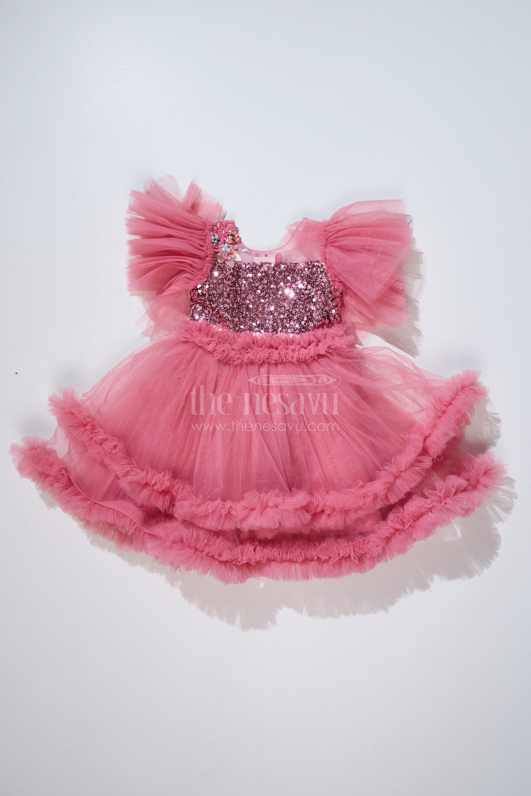 The Nesavu Girls Fancy Party Frock Charming Pink Short Party Dress for Girls with Floral Sequin Details and Ruffled Skirt Nesavu 16 (1Y) / Pink PF198C-16 Nesavu Pink Short Party Dress Girls Sequin Bodice Ruffled Net Skirt