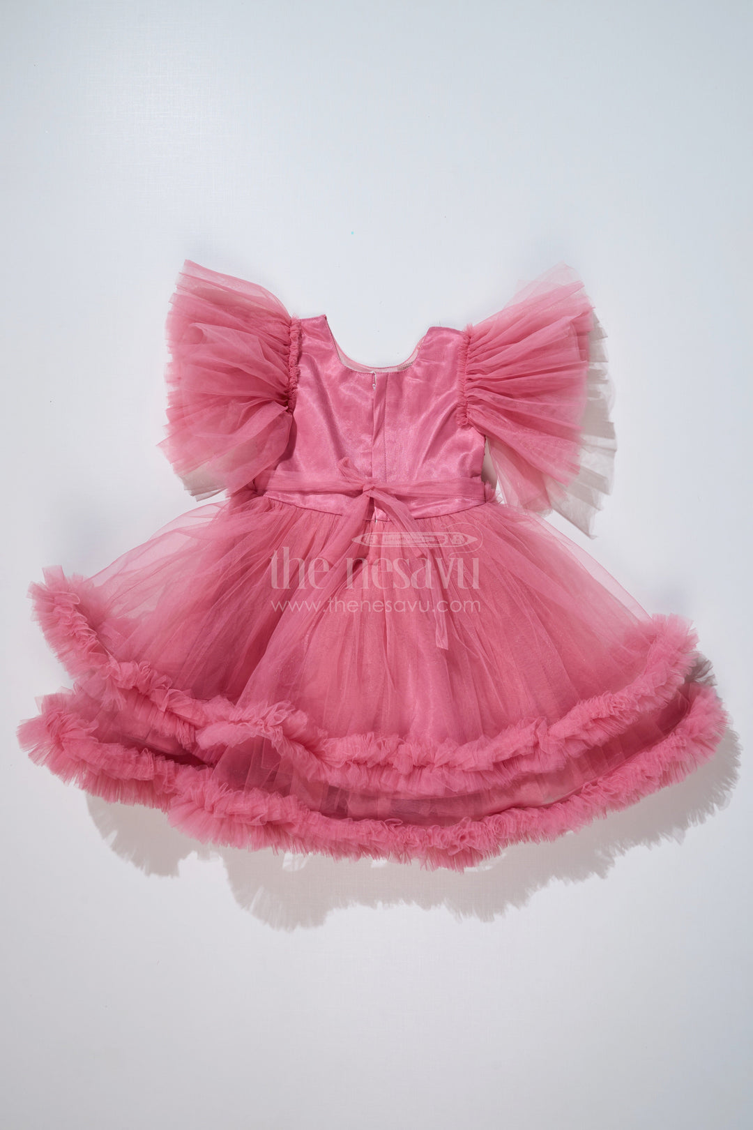The Nesavu Girls Fancy Party Frock Charming Pink Short Party Dress for Girls with Floral Sequin Details and Ruffled Skirt Nesavu Pink Short Party Dress Girls Sequin Bodice Ruffled Net Skirt | The Nesavu
