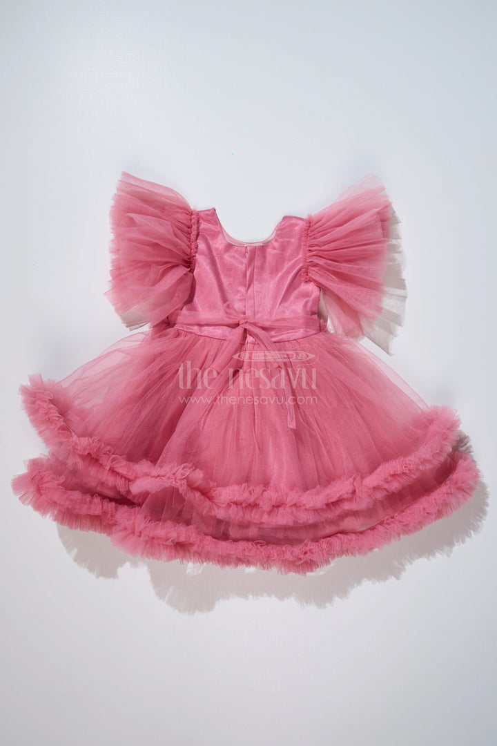 The Nesavu Girls Fancy Party Frock Charming Pink Short Party Dress for Girls with Floral Sequin Details and Ruffled Skirt Nesavu Pink Short Party Dress Girls Sequin Bodice Ruffled Net Skirt | The Nesavu