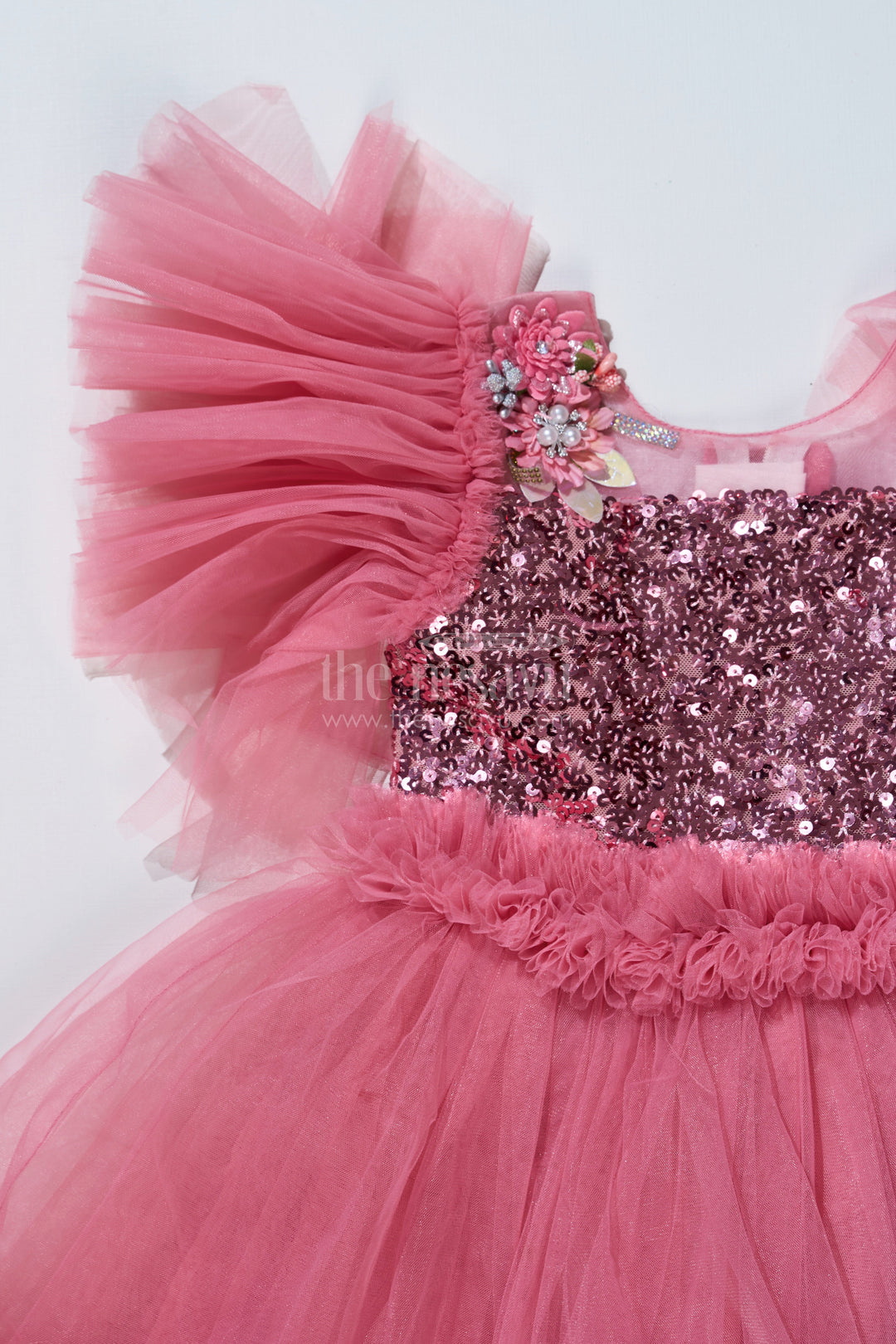 The Nesavu Girls Fancy Party Frock Charming Pink Short Party Dress for Girls with Floral Sequin Details and Ruffled Skirt Nesavu Pink Short Party Dress Girls Sequin Bodice Ruffled Net Skirt | The Nesavu