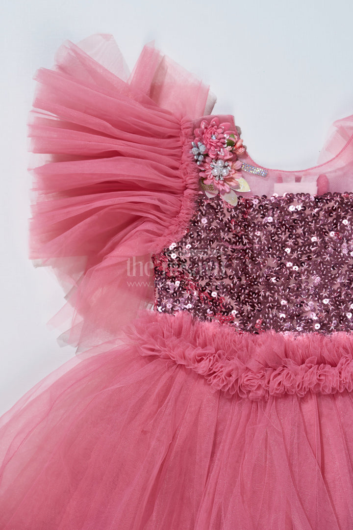 The Nesavu Girls Fancy Party Frock Charming Pink Short Party Dress for Girls with Floral Sequin Details and Ruffled Skirt Nesavu Pink Short Party Dress Girls Sequin Bodice Ruffled Net Skirt | The Nesavu