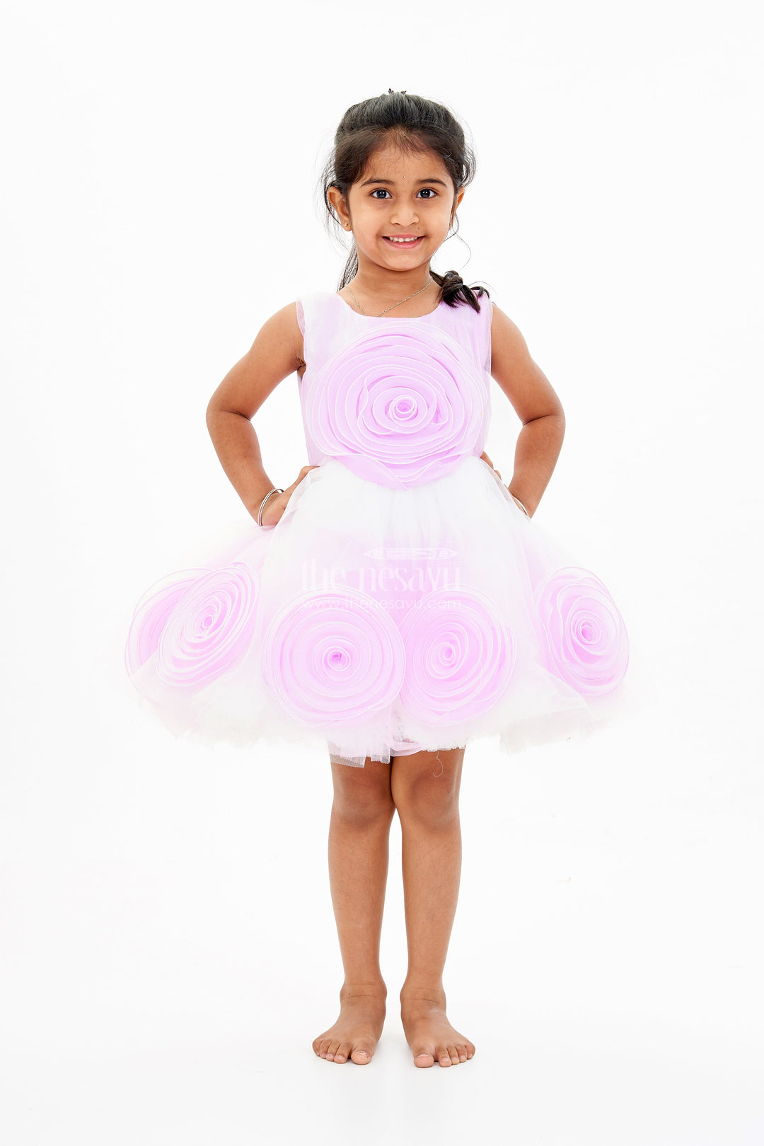 The Nesavu Girls Tutu Frock Charming Purple Frock for Girls with Floral Net Embellishments and Layered Tulle Nesavu Nesavu Charming Purple Frock Girls Floral Net Embellishments Layered Tulle