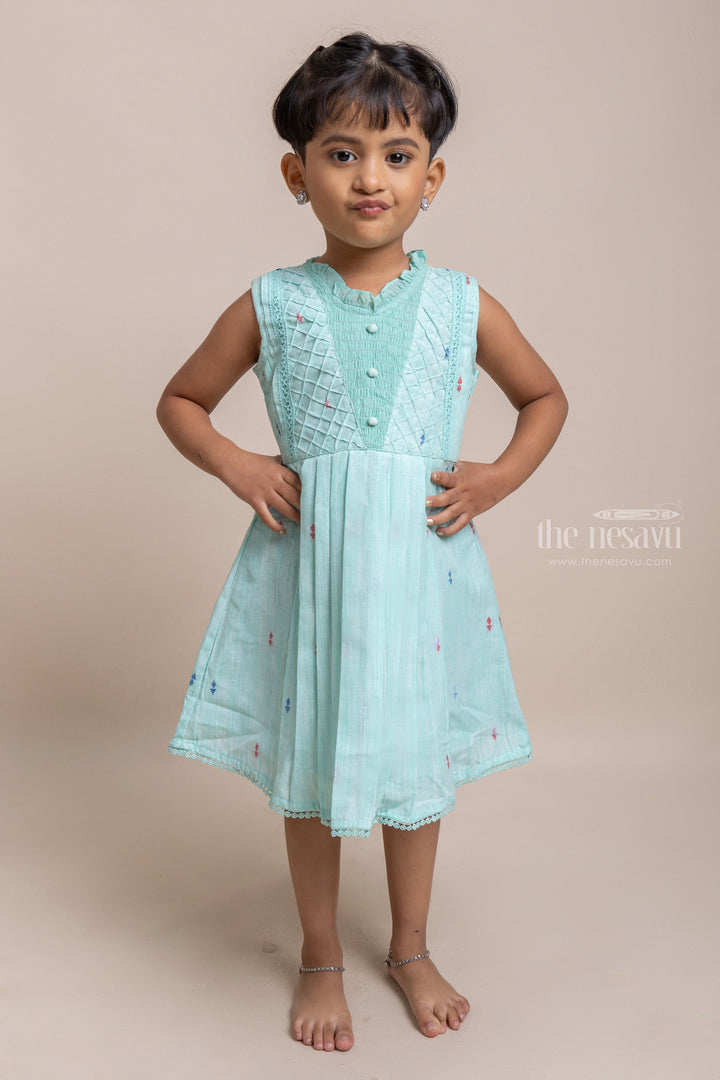 The Nesavu Girls Cotton Frock Charming Sea Green Sleeveless Pleated Casual Cotton Frock For Girls Nesavu 22 (4Y) / Turquoise / Chanderi GFC1002A Fantastic Cotton Frocks For Girls | Latest Girls Frock Collection | The Nesavu